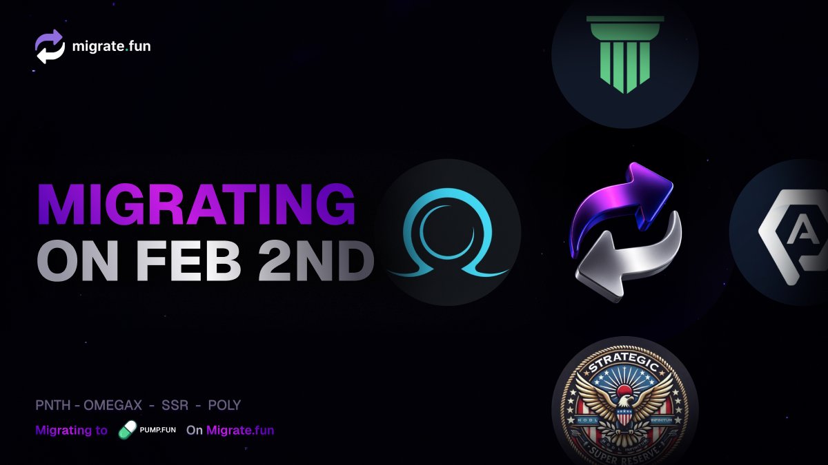 Today is migration day for these 4 teams migrating to pump!

-<a href="/pnth_io/">Pantheon</a> 
-<a href="/getpolyapp/">Poly Terminal</a>
-<a href="/OmegaXhealth/">OmegaX Health</a> 
-<a href="/StrategicSuperR/">Strategic Super Reserve SSR</a> 

All migrations are now live and will conclude on or before February 16th, allowing them to register for the Pump Fund Hackathon. 

There is only ONE official