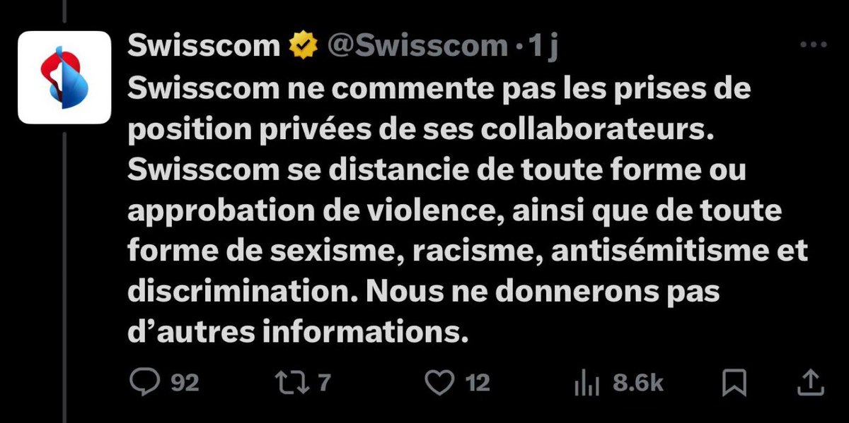 🚨 MISE À JOUR SWISSCOM 🇨🇭:
Après une réponse complaisante et indigne, <a href="/Swisscom/">Swisscom</a> rétropédale et annonce l’ouverture d’une enquête interne concernant les propos antisémites de Jean-Marc Porchet.

Ce revirement est le résultat direct de la mobilisation et des appels au boycott.

⚖️