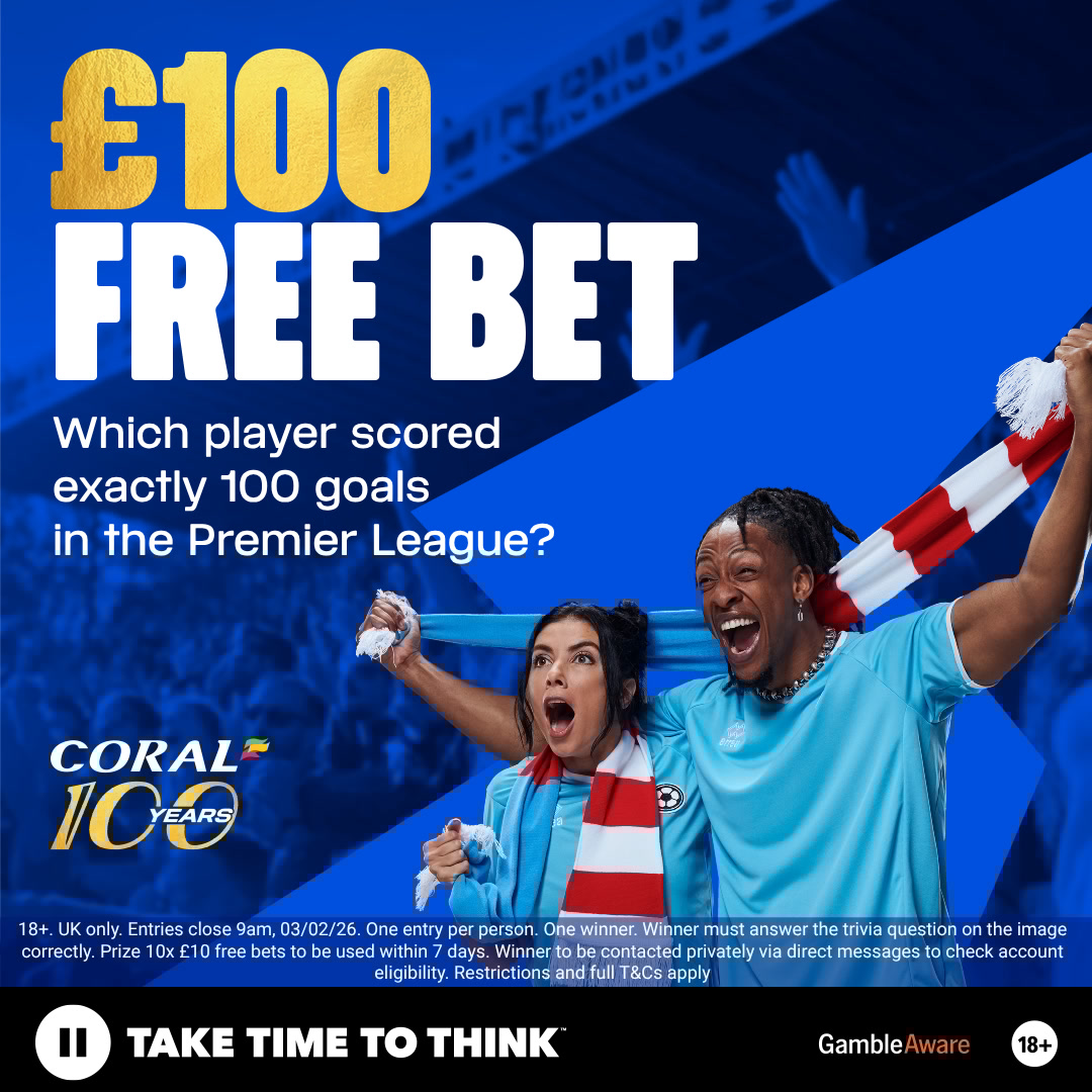 Coral turns 100 this year! 🥳

To celebrate, we're giving away £100 in free bets all year! 🤩

🤞 To be in with a chance of winning...

🔵 Reply with the correct answer to the trivia question
🔵 Retweet and like this post
🔵 Follow <a href="/Coral/">Coral</a> 

FULL TERMS AND CONDITIONS: