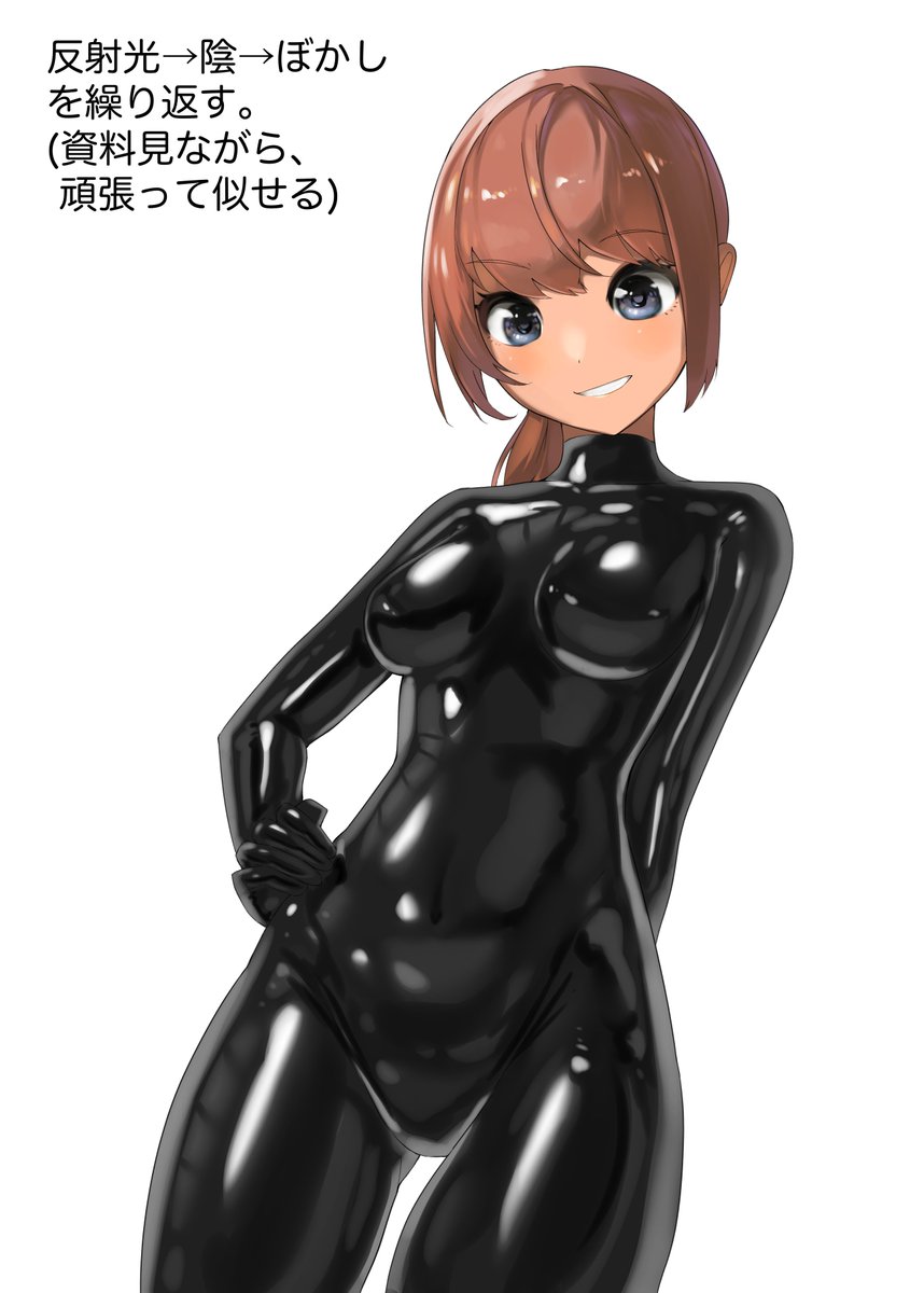 備忘録代わりに、ハードライトレイヤー1枚でラバースーツ塗りメイキング作りました。

下塗りレイヤーと、ハードライトレイヤー1枚で塗れるようにしてみました。慣れたら1～2時間くらいで1枚目のラバースーツ部分塗れそうなので結構な時短に
(スレッドに詳細なメイキング続く) 