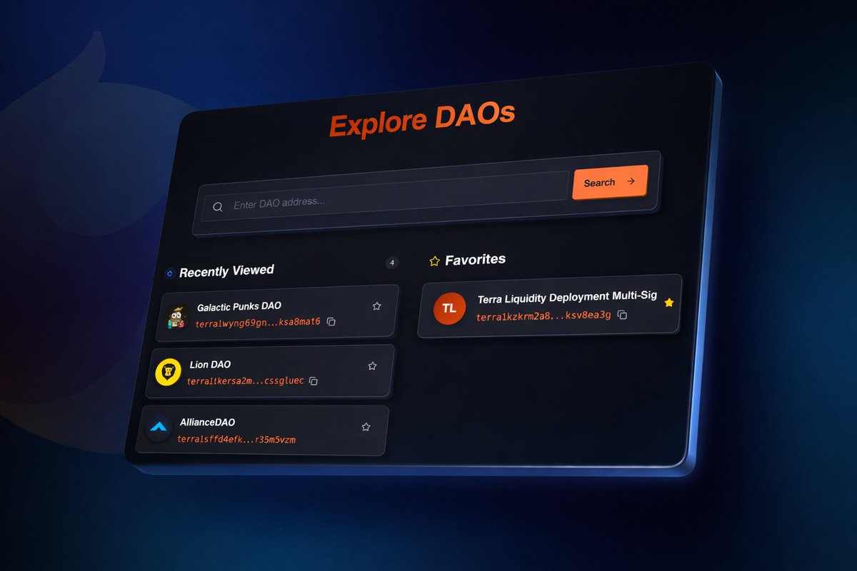 Phoenix Foundation unveils a sleek new front end for <a href="/DA0_DA0/">DAO DAO</a>, tailored for Terra-based DAOs.

Create proposals, manage memberships, view members, visit sub-DAOs, monitor treasury &amp; access apps.

Think of this as DAO DAO lite, turbo-charged for Terra!

🌐 dao.phoenix.money