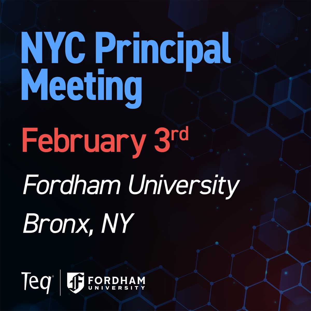 TeqProducts's tweet photo. Brainstorm, connect, and inspire! Teq’s off to Fordham University in Bronx, NY on February 3rd for the NYC Principal Meeting! See engaging presentations, demo world-class edtech, or say hello to the team! #nyc #event #edetch #edchat https://t.co/h90cCMoUgU