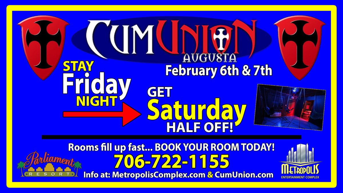 MetropolisAug's tweet image. February's CumUnion Weekend is here and  has a great BOGO deal. Stay Friday and get Saturday for half price! Call to book your room! ☎️706-722-1155

MetropolisComplex.com
CumUnion.com