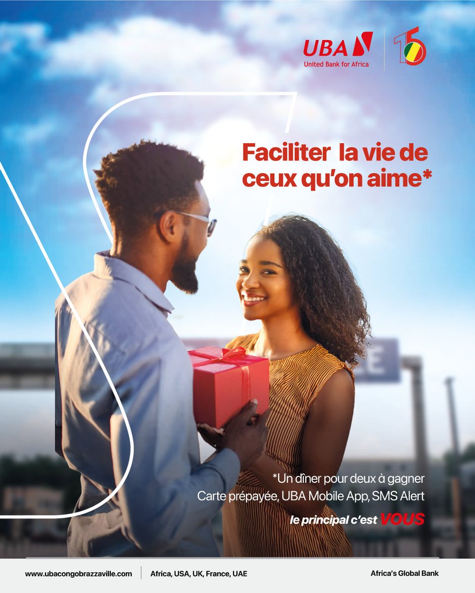 🫰SAINT-VALENTIN | Facilitez la vie de ceux que vous aimez
À la Saint-Valentin, UBA Congo célèbre les relations qui durent.
Celles bâties sur la confiance, l’écoute et l’engagement à long terme.
Qu’il s’agisse de vos projets personnels, familiaux ou professionnels, nous restons à