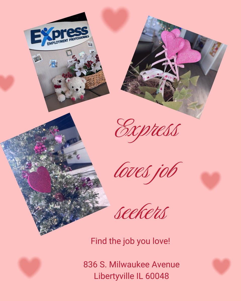 💘 Love is in the air at Express Libertyville! 💘

Our office is looking extra lovely for Valentine’s Day, and we’d love for you to stop by! Whether you're searching for a new opportunity or ready to take the next step in your career, we’re here to help you find a job you’ll...