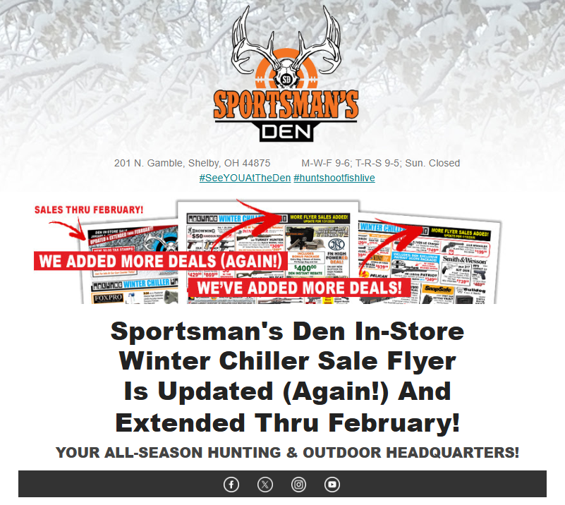 SportsmansDen1's tweet photo. Sportsman's Den Rolling Winter Sale Updated (Again!) And Extended Thru February!
https://t.co/6gS60Imx2s
#SeeYOUAtTheDen https://t.co/bvQaJpVrgQ