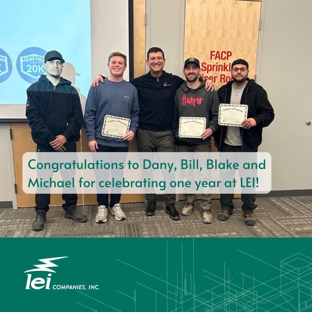 LEICompanies's tweet photo. At our All-Hands Meeting, we celebrated one-year anniversaries for Dany, Bill, Blake, and Michael. One year of hard work, problem-solving, tight deadlines and showing up for the team.

Thanks for a strong first year - we’re glad you’re here! 👏 https://t.co/497jffQ9pW