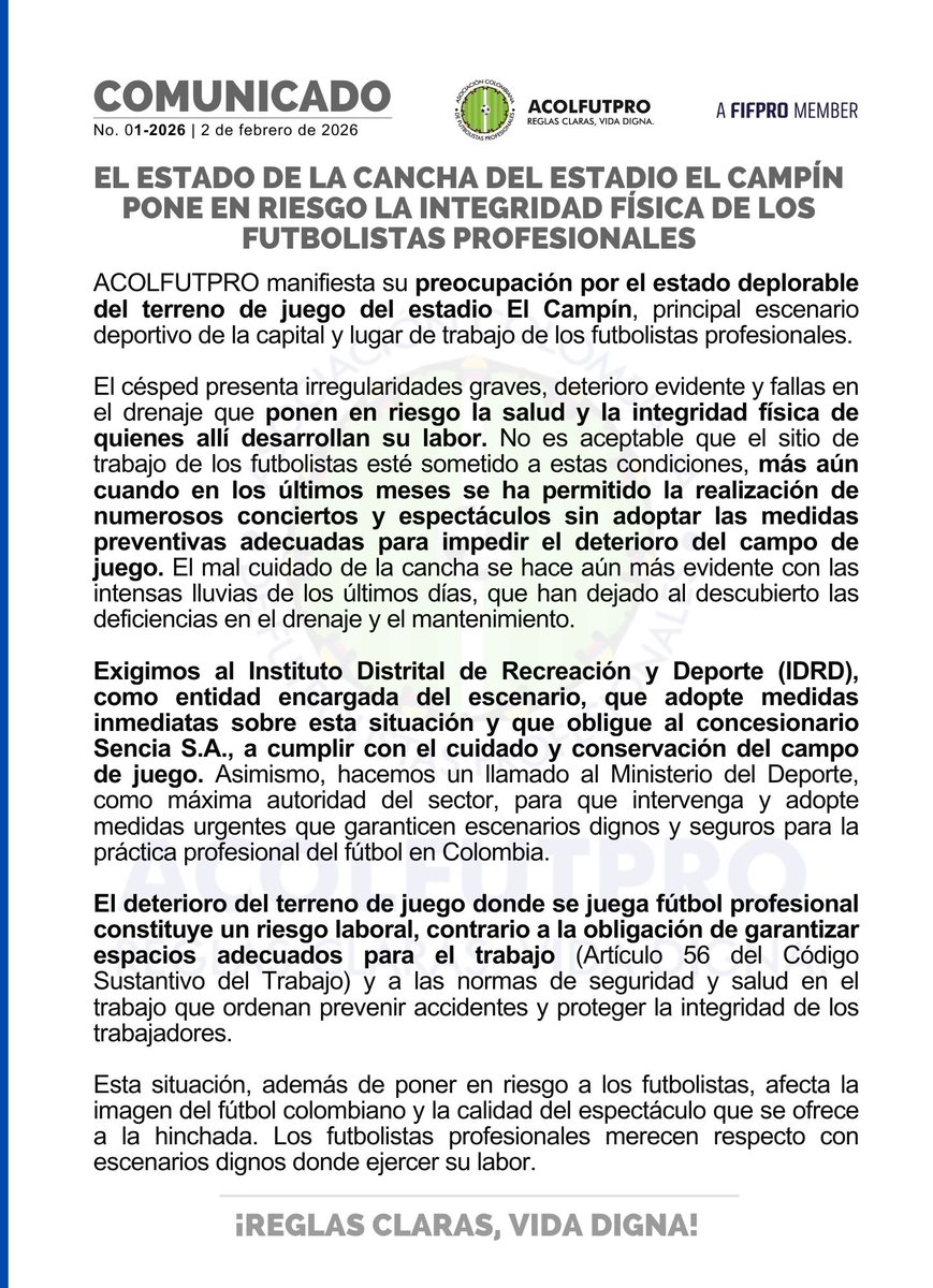 COMUNICADO | 𝐄𝐥 𝐞𝐬𝐭𝐚𝐝𝐨 𝐝𝐞 𝐥𝐚 𝐜𝐚𝐧𝐜𝐡𝐚 𝐝𝐞𝐥 𝐞𝐬𝐭𝐚𝐝𝐢𝐨 𝐄𝐥 𝐂𝐚𝐦𝐩𝐢́𝐧 𝐩𝐨𝐧𝐞 𝐞𝐧 𝐫𝐢𝐞𝐬𝐠𝐨 𝐥𝐚 𝐢𝐧𝐭𝐞𝐠𝐫𝐢𝐝𝐚𝐝 𝐟𝐢́𝐬𝐢𝐜𝐚 𝐝𝐞 𝐥𝐨𝐬 𝐟𝐮𝐭𝐛𝐨𝐥𝐢𝐬𝐭𝐚𝐬 𝐩𝐫𝐨𝐟𝐞𝐬𝐢𝐨𝐧𝐚𝐥𝐞𝐬
➡️ acolfutpro.org/?p=13309
⚠️ Exigimos al <a href="/IDRD/">🟨🟥Recreación y Deporte</a> que