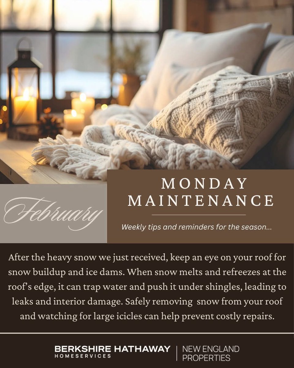 Annrealtor2's tweet image. 🏠 Winter weather can be tough on your home. Heavy snow and ice buildup on the roof can lead to ice dams and expensive leaks. A quick visual check after storms can help catch issues early and prevent damage.
#MondayMaintenance #WinterHomeTips #RoofCare #IceDams
