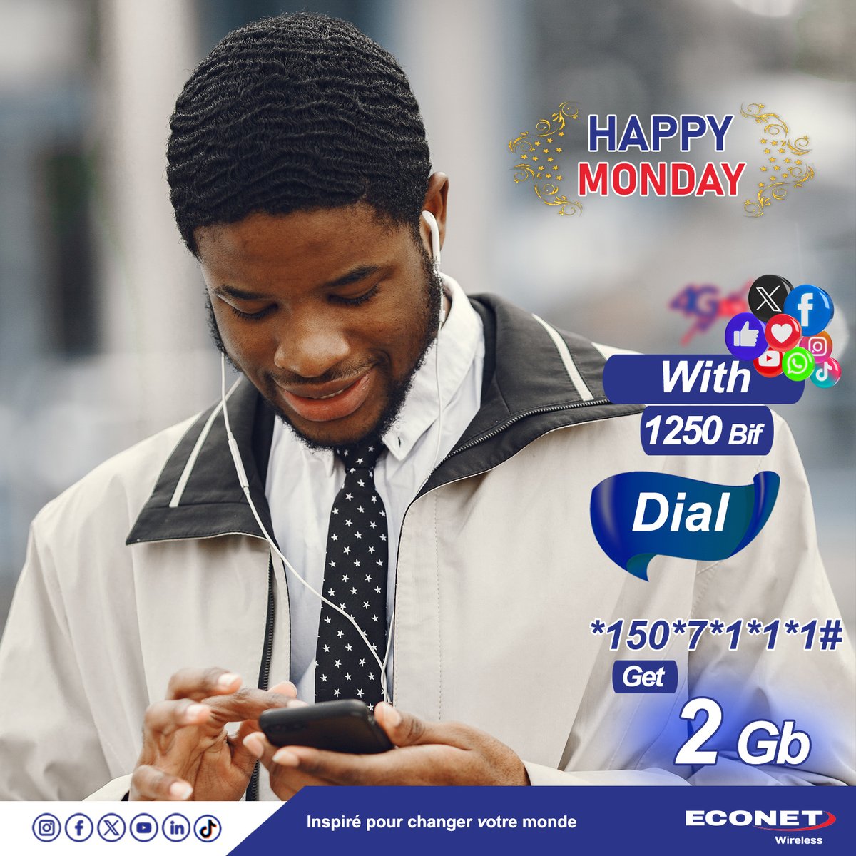 Econet257's tweet photo. 📶 Boostez votre journée avec l’Internet Econet Wireless Burundi!
Profitez de 2GB de data pour naviguer, travailler et vous divertir sans interruption. Activez via *150*7*1*1*1#.
Besoin d’aide ? Appelez 100.
#EconetWireless
#InternetRapide
#StayConnected https://t.co/FYVl0LeKIZ