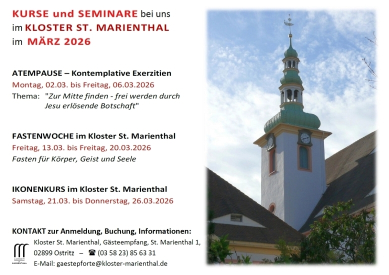 KlosterStMarien's tweet image. VORSCHAU:
#Kurse &amp;amp; #Seminare im März 2026 bei uns im #Kloster St. #Marienthal
- "ATEMPAUSE – Kontemplative Exerzitien im Kloster"
- "FASTENWOCHE im Kloster St. Marienthal"
- "IKONENKURS im Kloster St. Marienthal"
weitere Infos dazu finden Sie unter:
&amp;gt;&amp;gt;&amp;gt; kloster-marienthal.de/zu-gast-bei-un…