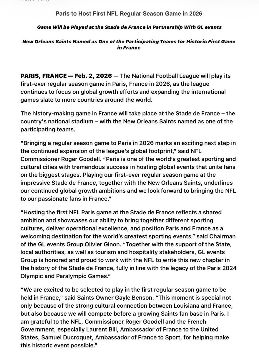 RapSheet's tweet image. The NFL is coming to Paris, with the #Saints as one of the teams.