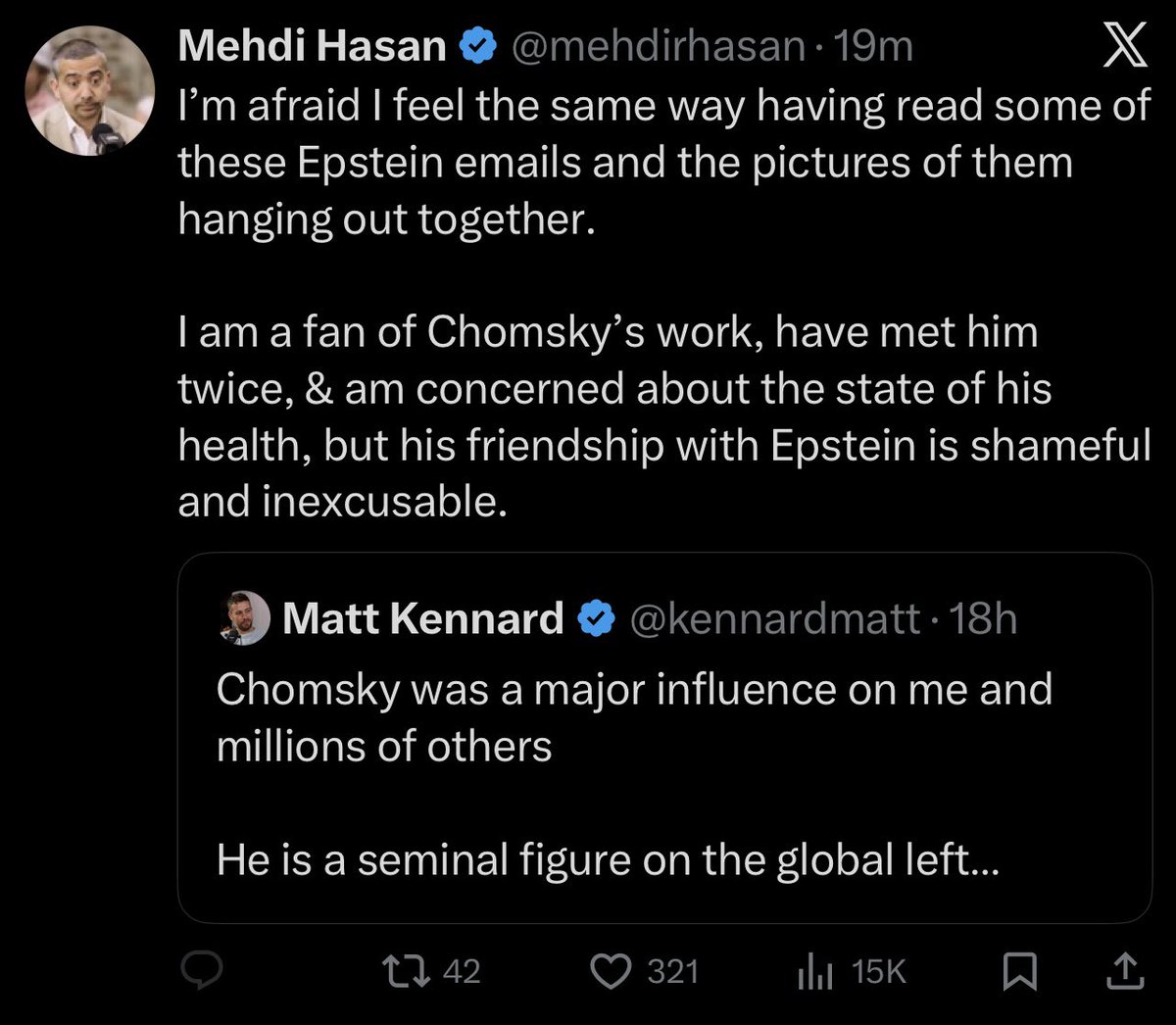 Everyone’s favorite leftist (Chomsky) is now being exposed for his connections with Epstein. However, I find it peculiar that this is where many people’s red line with Chomsky begins, and not his years of genocide denialism and whitewashing of Assad/Putin’s war crimes. For years,