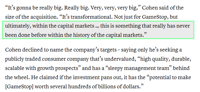 ReesePolitics's tweet photo. The 'never been done before' quote by Ryan Cohen in reference to what his $GME plans are is the most compelling. It would imply...

That the 'never‑seen‑before' angle is a mid‑cap retail stock company (GameStop Corp.) pulling off something like a hostile or contested megadeal of a much larger, mainstream consumer name.

Doing so by using a mix of stock, leverage, and non‑traditional assets (like Bitcoin, on which they just moved their holdings to Coinbase Prime) in a way that changes the M&A dynamic as we know it.

The real question is: who are they going after?
