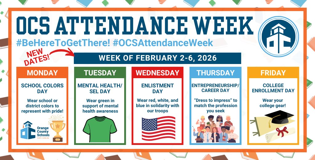 OrangeCoSchools's tweet photo. It's #OCSAttendanceWeek and Orange County Schools invites our community to celebrate the joy of being at school consistently!
Watch our videos➡️https://t.co/PAvZK5VNg2 to learn why we why we encourage students to #BeHereToGetThere this week, and all year long! https://t.co/MUgtPDyw6Y