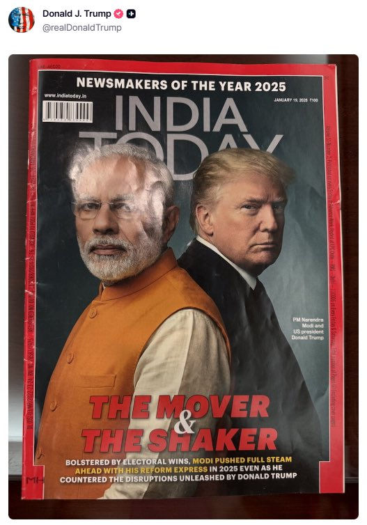 UpdateAdda24x7's tweet photo. Donald Trump shares an @IndiaToday magazine cover featuring himself with PM Modi, titled “The Mover &amp; The Shaker.”

#DonaldTrump #PMModi #IndiaToday #USIndiaRelations #GlobalPolitics #TheMoverAndTheShaker https://t.co/wBUtEWLEov