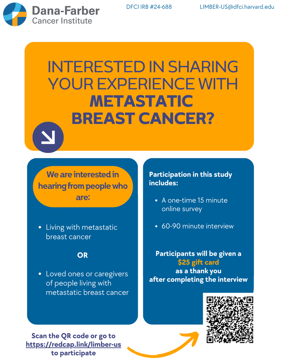 DFCI_BreastOnc's tweet photo. The LIMBER-US study is looking for loved ones or caregiver participants who are willing to share their experience of caring for someone with #MetastaticBreastCancer.
Check out the link below for more information⬇️
https://t.co/PgihYMDQ3K
#BreastCancer #MBC #StageIV #CancerCaregiver