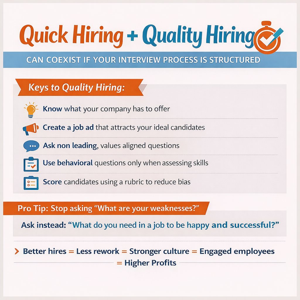 Quick hiring doesn’t have to mean rushed hiring.  Hiring is a business decision. Treat it like one.

#QualityHiring #HiringStrategy #HRLeadership #PeopleFirst #WorkplaceCulture #TalentStrategy
