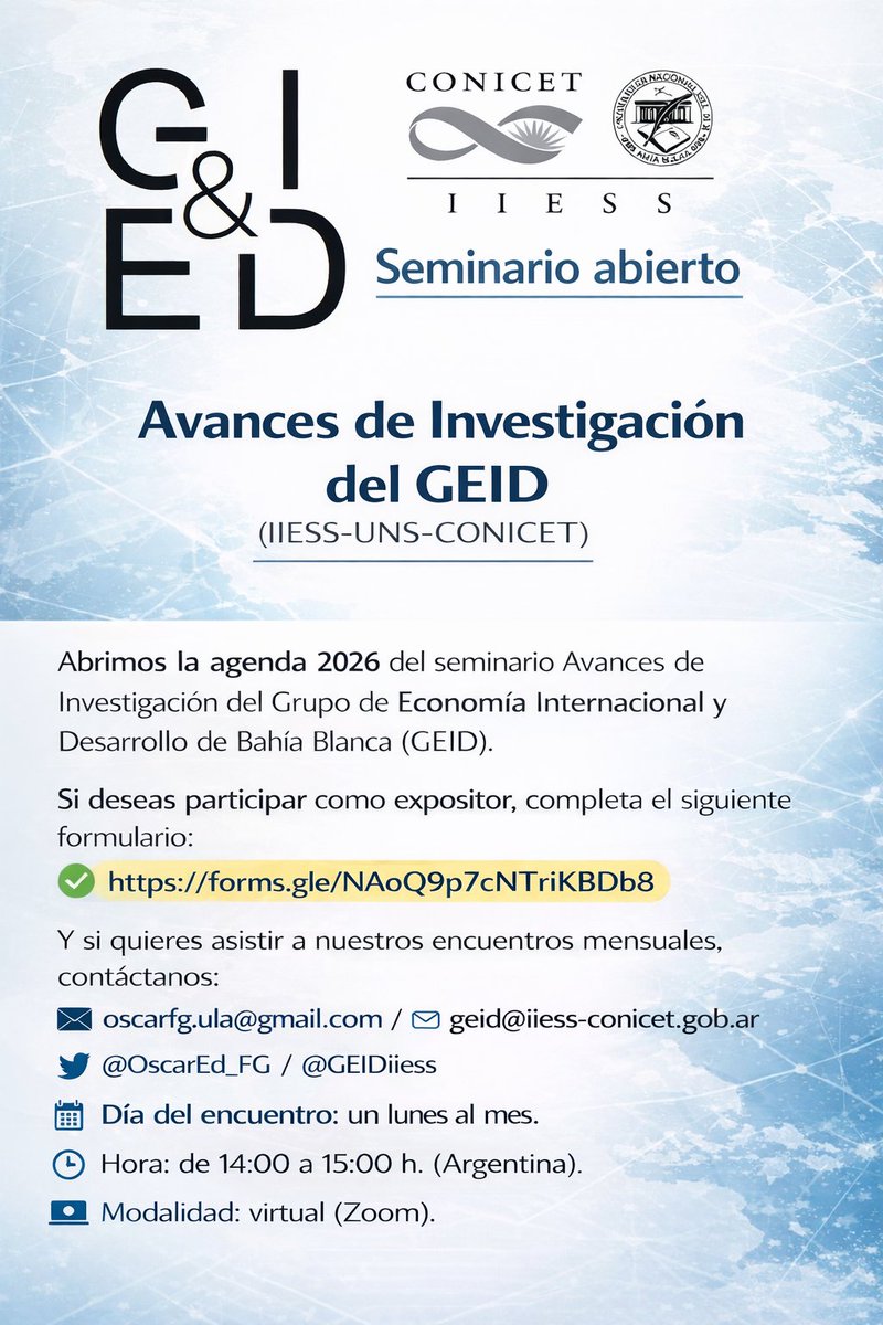 Abrimos la #Agenda2026 del seminario Avances de Investigación del @GEIDiiess.

Si deseas participar como expositor, completa este formulario: forms.gle/NAoQ9p7cNTriKB… 

Y si quieres asistir, contáctanos.

📅Encuentros: un lunes c/mes. 
🕑Hora: 14 h. 🇦🇷. 
💻Modalidad: virtual.

👇🏻