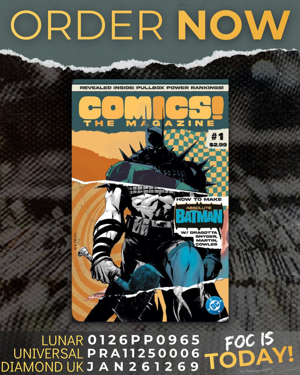 comicsthemag's tweet photo. Final day on FOC for COMICS! The Magazine.

This issue: Absolute Batman! 48 pages of pure enthusiasm for great comics! Picks of your new favorite comics! The return of CHEW! A price guide!

For RETAILERS: 25-copy bundles available at just 50¢ an issue, your cost.

Order today! https://t.co/SXHFdsfAQp