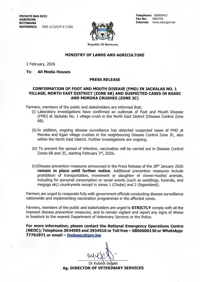 MINISTRY OF LANDS AND AGRICULTURE CONFIRMS FOOT AND MOUTH OUTBREAK IN JACKALAS NO. 1