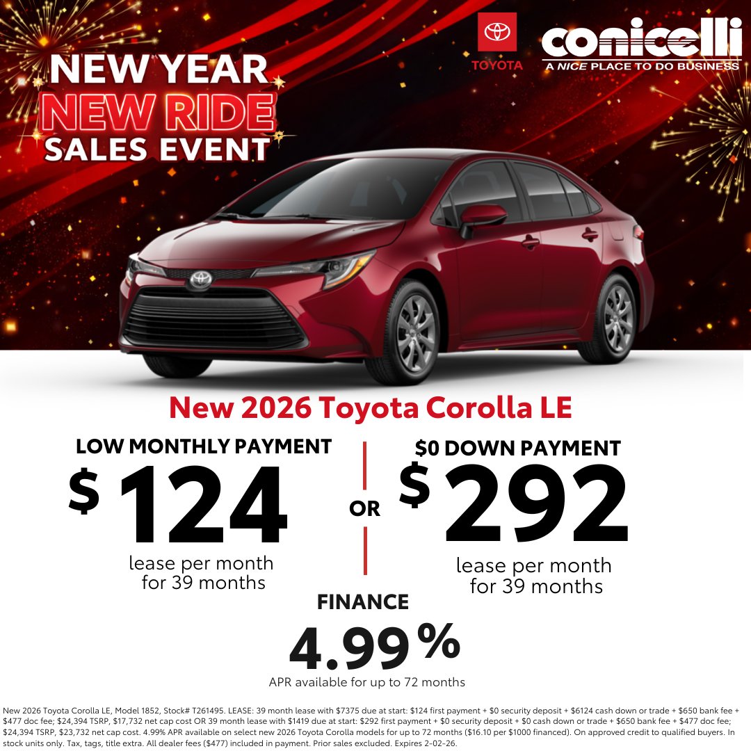 ConicelliSpring's tweet image. 🚨 Last day for New Year, New Ride deals at Conicelli Toyota of Springfield! 🚗💨 Lease or finance your Toyota before it’s too late 👉 bit.ly/2xIu6C9 
 #ToyotaDeals #NewYearNewRide