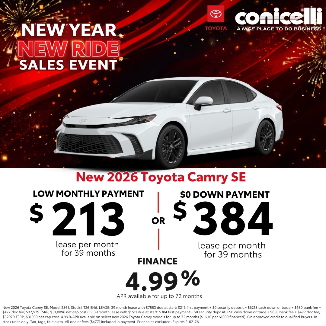 ConicelliSpring's tweet image. 🚨 Last day for New Year, New Ride deals at Conicelli Toyota of Springfield! 🚗💨 Lease or finance your Toyota before it’s too late 👉 bit.ly/2xIu6C9 
 #ToyotaDeals #NewYearNewRide