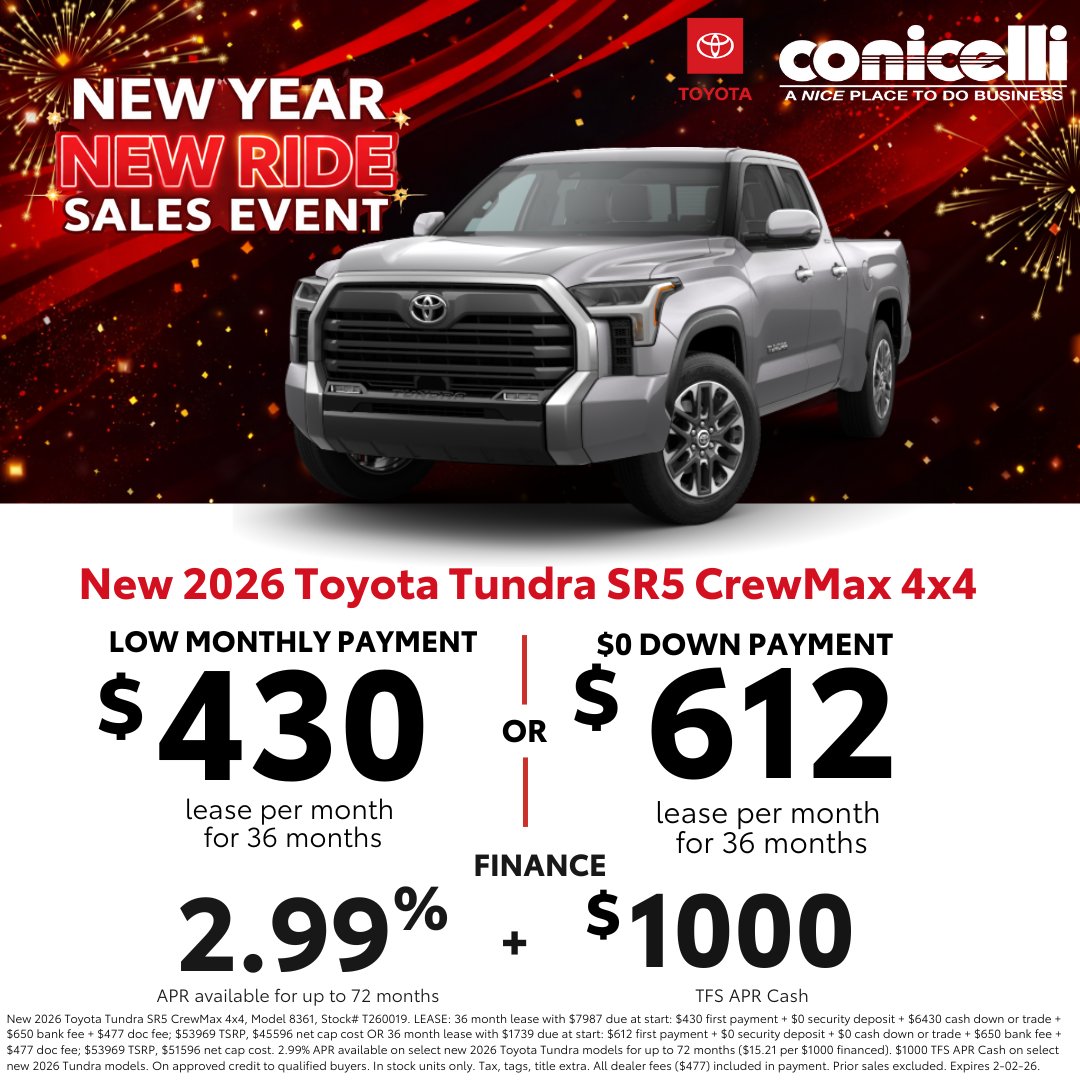 ConicelliSpring's tweet image. 🚨 Last day for New Year, New Ride deals at Conicelli Toyota of Springfield! 🚗💨 Lease or finance your Toyota before it’s too late 👉 bit.ly/2xIu6C9 
 #ToyotaDeals #NewYearNewRide