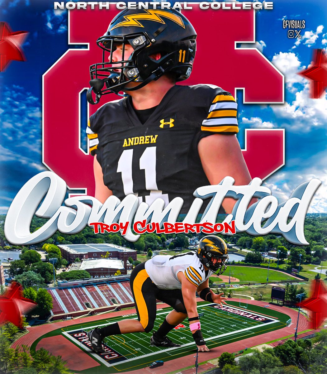 TroyCulbert5's tweet photo. COMMITTED! I’m excited to announce that I have committed to North Central College. I would like to thank my current and future coaches and family who helped me get here. Go Cards! @CoachLew_66 @VJA_FOOTBALL @CoachStuedemann @CoachWark @Coach_Egbo @football_ncc @NCC_Athletics https://t.co/t9AjqigO7g