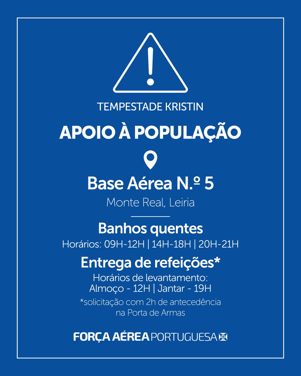 Banhos quentes e entrega de refeições!

A Base Aérea N.° 5, em Monte Real, Leiria, está aberta à comunidade para banhos quentes e entrega de refeições. 

Conte connosco, nos bons e nos mais difíceis momentos.

#ForçaAérea #BA5 #Tempestadekristin