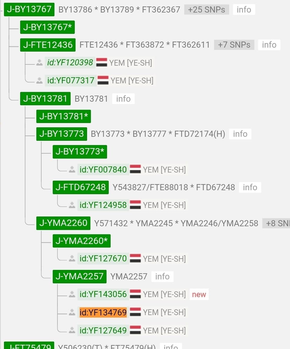 بناء على طلب صاحب العينة نعلن عن نتيجة فحص الهول جينوم
رقم العينة: 69191 في YSEQ
لـ آل علي بن عمر
من آل عمر بن حمد - آل باعوضة - ذييب حمْيَر - في ميفعة - شبوة 
السلالة: J1
موجبة للتحور : YMA2257
المتسلسلة من: ZS4062
المتفرع من: BY8
تم رفع العينة لمشجر Yfull
رقمها: YF134769