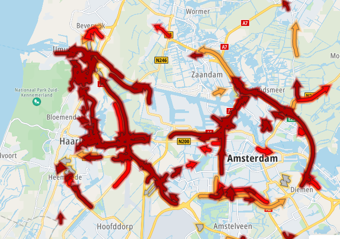Afgesloten #A22 Velsen ► Beverwijk bij knp. IJmuiden door ongeluk veroorzaakt lange files en veel vertraging in Noord-Holland.