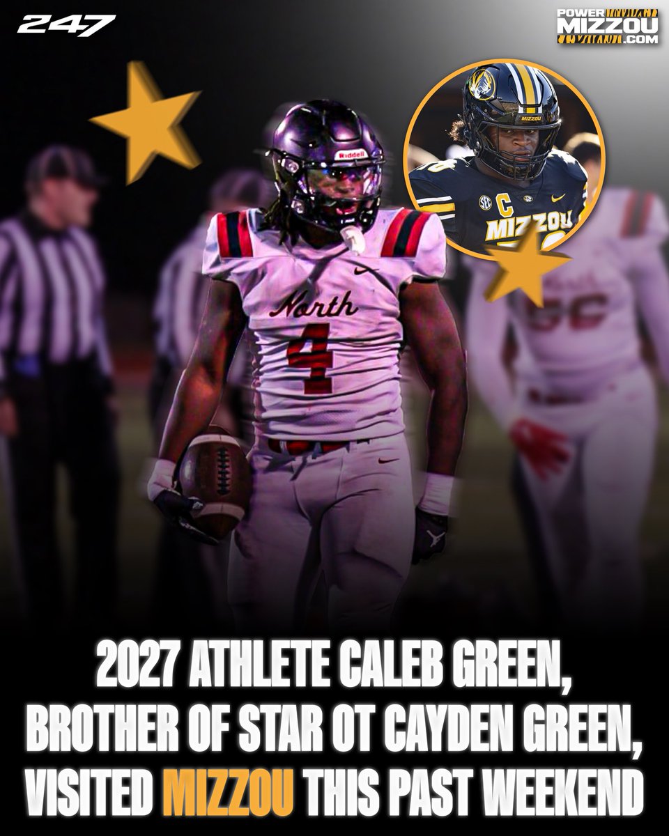 PowerMizzoucom's tweet photo. 2027 ATH Caleb Green, brother of OT Cayden Green is now on #Mizzou’s radar 👀

The Lee’s Summit product visited campus for Junior Day.

Read more on the recent visitors at the link below ⬇️ 

https://t.co/6zlD7Udsi9 https://t.co/Zu8xpkClCf