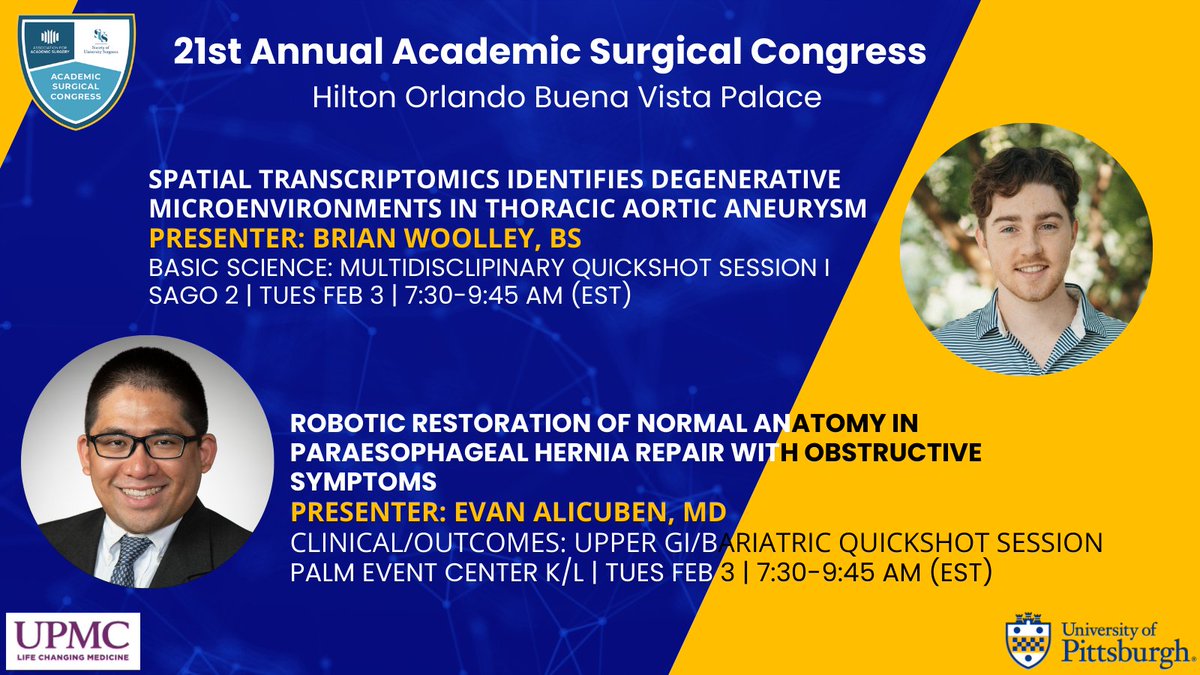 UPMC_CTSurgery's tweet photo. Dept of CT Surgery representation at the Basic Science Multidisciplinary Quickshot and Upper GI/Bariatric Quickshot Sessions at the 21st Annual Academic Surgical Congress on Feb 3, 2026 in Orlando FL
@UnivSurg @AcademicSurgery @HviUpmc @JuliePhillippi @IbrahimSultanMD #ASC2026 https://t.co/vwTXEWcP4L