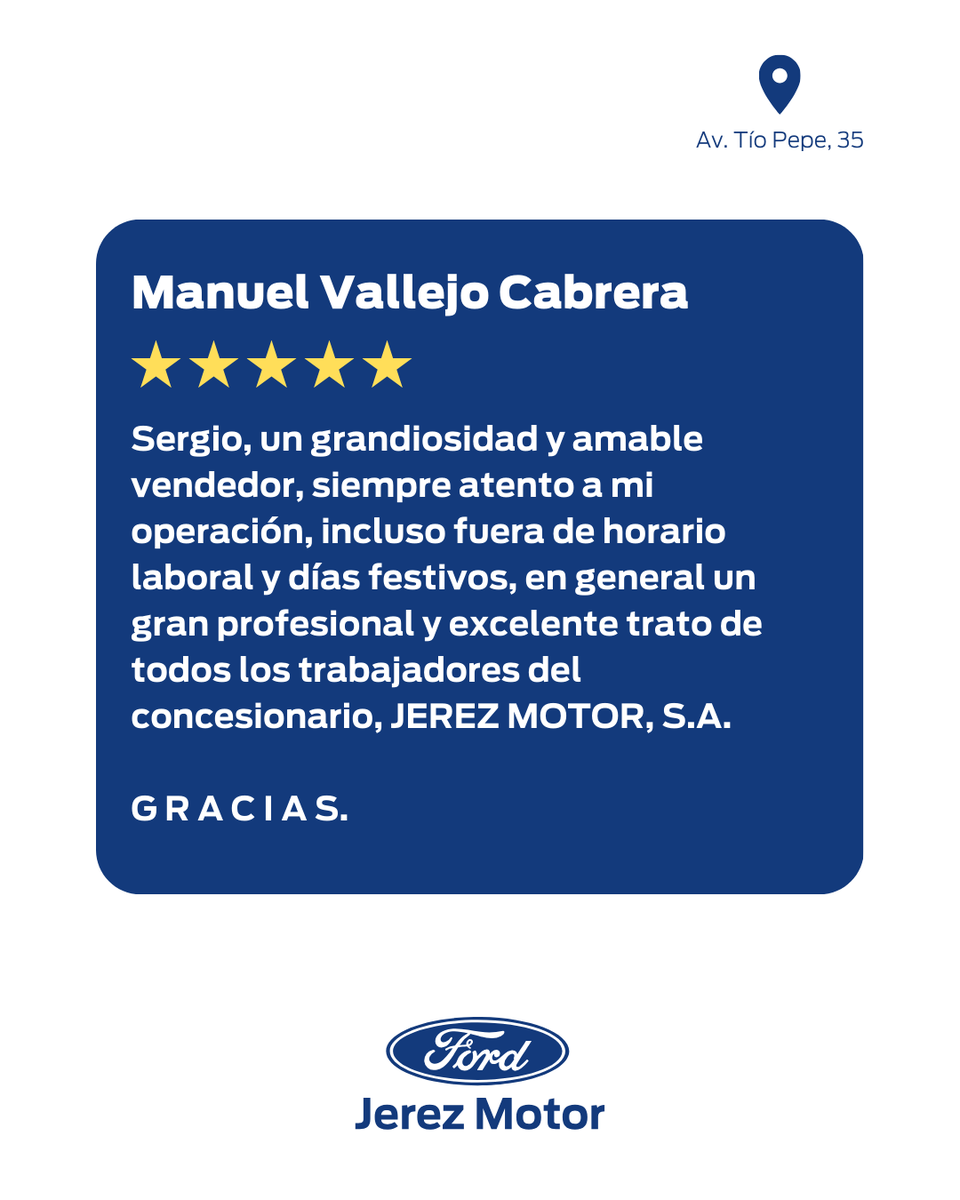 JerezMotor's tweet photo. Cuando el compromiso se nota... 🔝

Gracias por confiar en Jerez Motor y por reconocer la dedicación de Sergio y de todo nuestro equipo.

Tu satisfacción es lo que nos mueve cada día. 🙌

#Ford #FordJerez #Reseña #ClientesFelices #Jerez https://t.co/Eib0mdYJb5