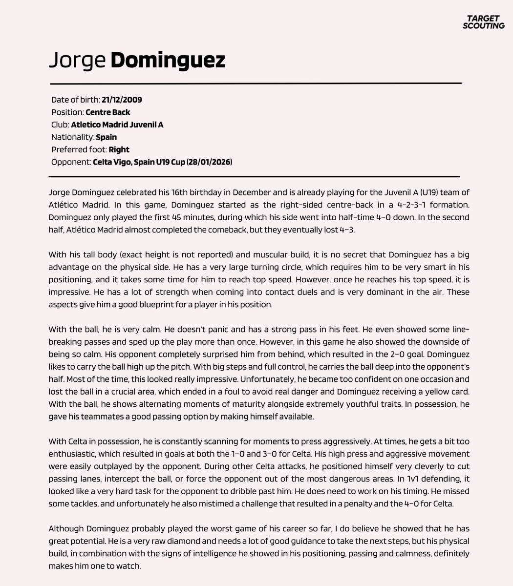 TargetScouting_'s tweet photo. In this match report, @Danroymiguel analyses Atlético Madrid's Jorge Dominguez (CB, '09, 🇪🇸) against Celta Vigo in the Spain U19 Cup. https://t.co/oGGC1hqi31