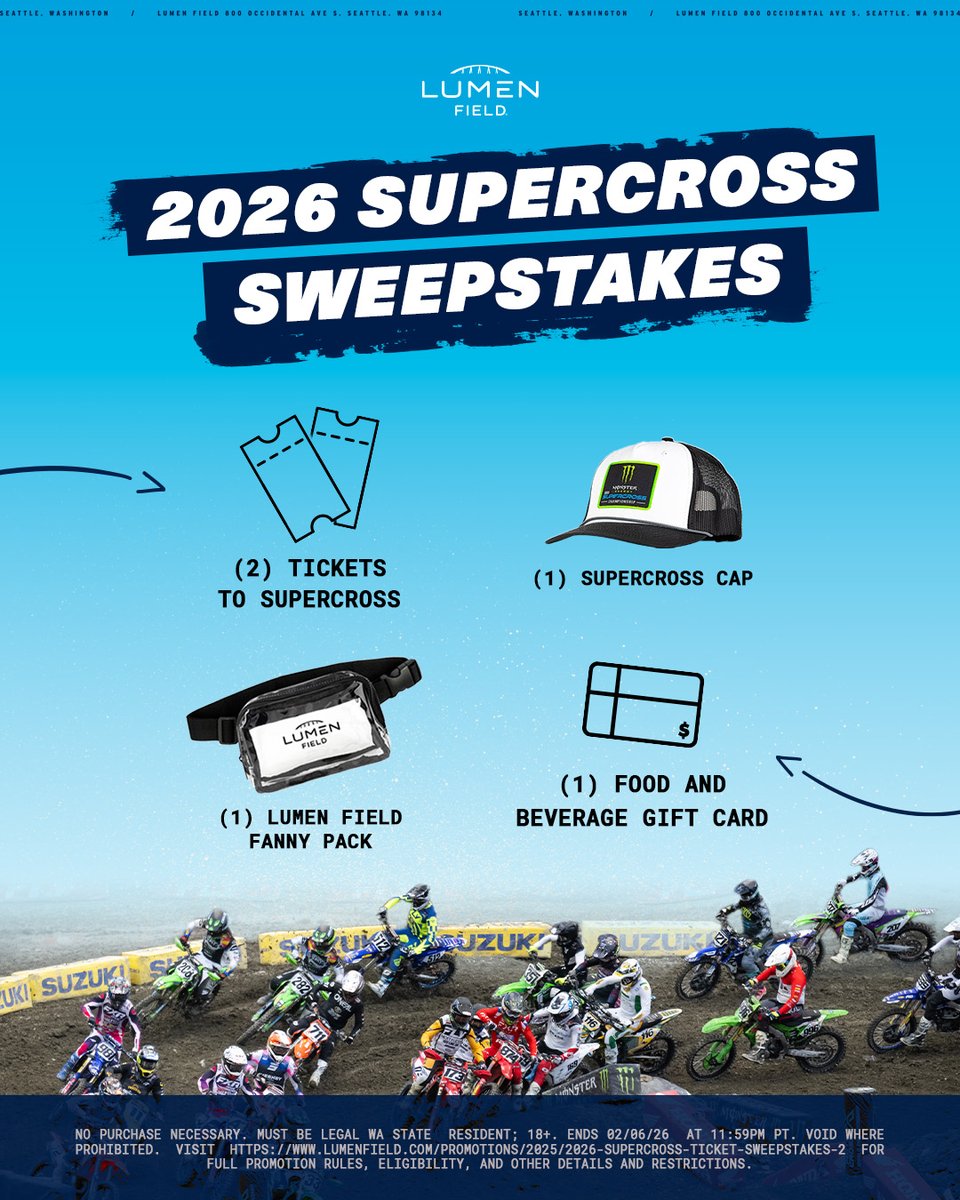 Enter to win two tickets to the 2026 AMA Monster Energy Supercross plus an experience pack with a hat, gift card, and fanny pack for race day at Lumen Field.

How to enter:
Follow Lumen Field
Like This Post
Reshare This Post

#Sweepstakes | lmnfld.com/j98vqkiu