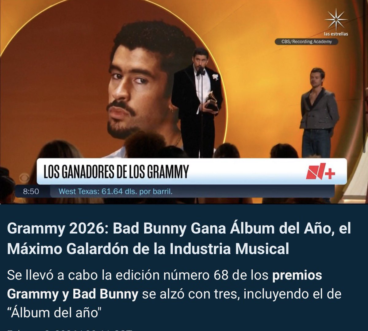 EVerastegui's tweet image. El Conejito Malo ganó el Grammy del año.
Qué tiempos aquellos en los que ese premio lo recibían Frank Sinatra, Adele o Stevie Wonder.
Hoy basta con ponerse vestidos, balbucear letras ininteligibles, glorificar la vulgaridad y cantar con la boca llena de comida para que te lo…