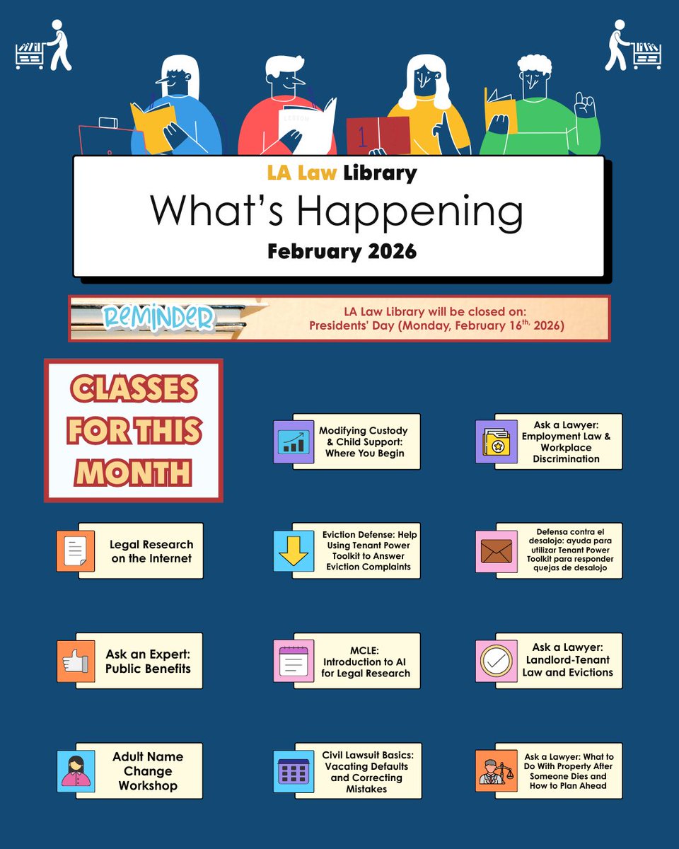 📌Happy February! Check out this month's class schedule and see if any of these interest you.

📝Sign up today: lalawlibrary.org/current-classes