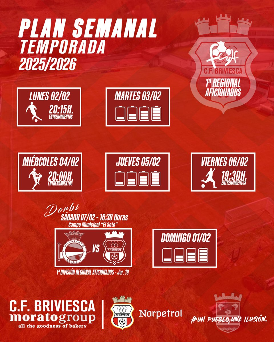 🗓PLAN SEMANAL | #NelaBriviesca
👉Plan para preparar el DERBI🆚<a href="/Nela_CF/">Villarcayo Nela C.F.</a>  
 ⬅️J.18❌Dura derrota en casa en un mal partido, donde el rival supo jugar sus cartas
➡️Cabeza alta, seguimos trabajando, juntos hasta el final‼️
#VamosRojillos❤🤍#AupaBrivi
🪫A cargar las pilas chavales🔋