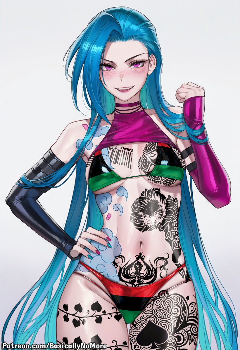 BasicallyNoMore's tweet photo. The Free Monthly poll is now up on P*treon, Join my P*treon to vote for the character for the next week set, Every member is able to vote on the poll for this week 

This week feature, Kyouka Uzen (Chained Soldier), Helm (Nikke), Jinx (League of Legends)

#blacked #qos #queenofspades #blackededit #blackedhentai #qostattoo #qosedit