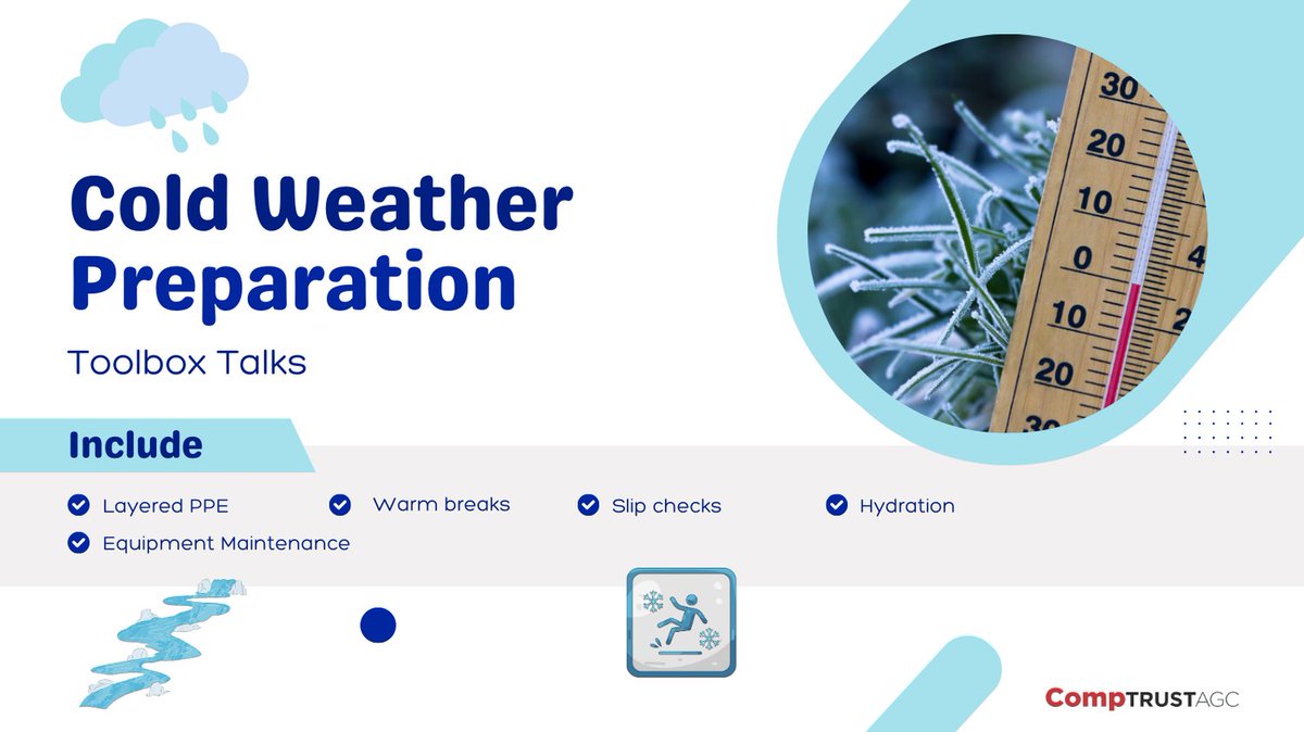 🦺 TOOLBOX TALK: Cold weather turns normal tasks into extreme sports. Ladders get slick &amp; equipment gets cranky. If you’re shivering, your brain is buffering &amp; your reaction time is slower—so take a warm-up break. 🧤🦺 Let’s work smart &amp; stay warm.