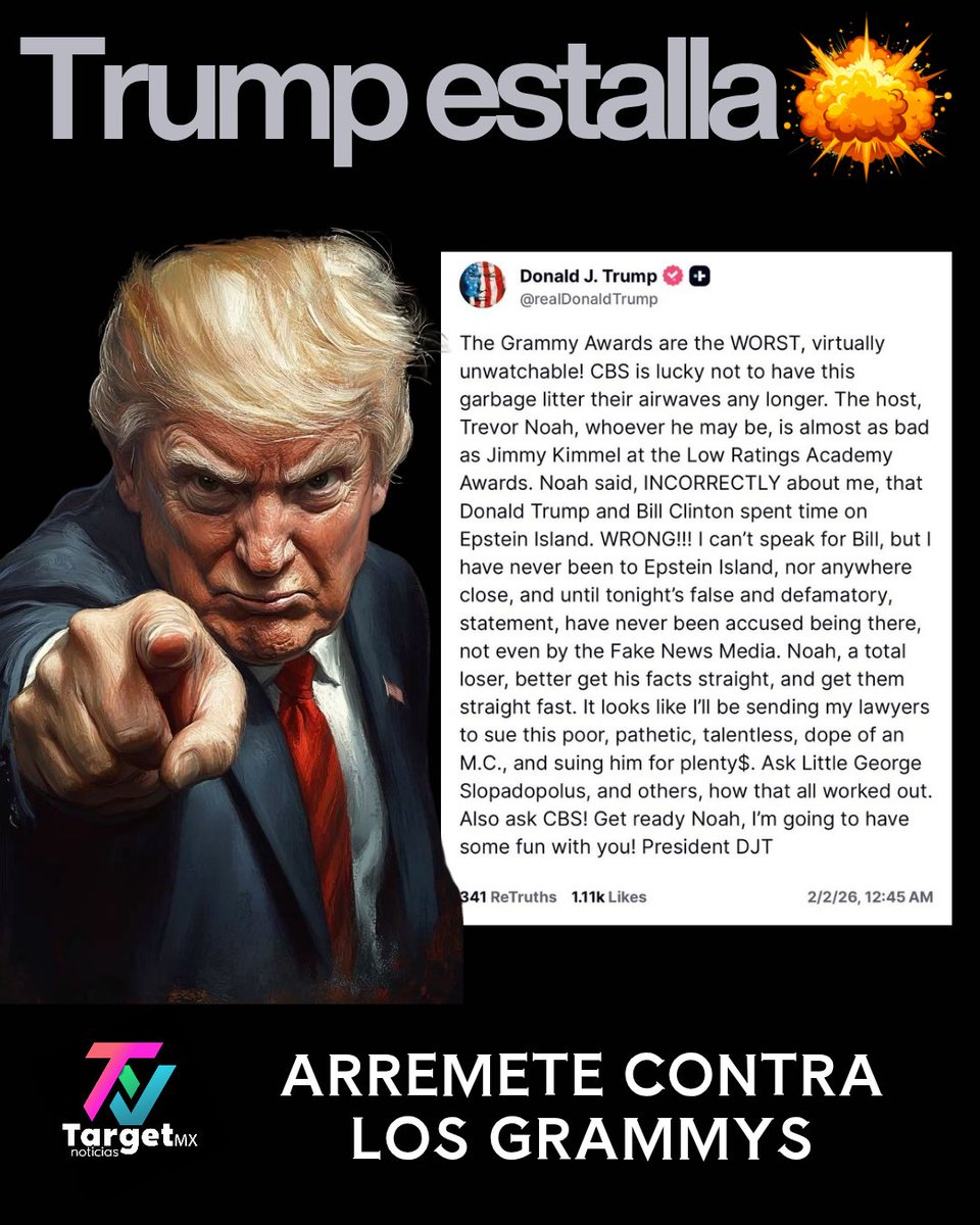 Trump critica duramente a los Grammy y amenaza con demandar a Trevor Noah.
El expresidente negó haber estado en la isla de Epstein y calificó como “falsa y difamatoria” una mención hecha durante la gala. También arremetió contra CBS y el evento.
📌 Información en desarrollo
📰