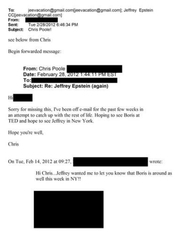 OpDeathEaters's tweet photo. Epstein planned a meeting with 4chan founder Christopher Poole (moot) in October 2011, shortly before /pol/ was created and later became home to QAnon & Pizzagate during the 2015 US election, amid the Heather Marsh launched #OpDeathEaters investigation into the Epstein network. #EpsteinFiles #EpsteinCoverUp