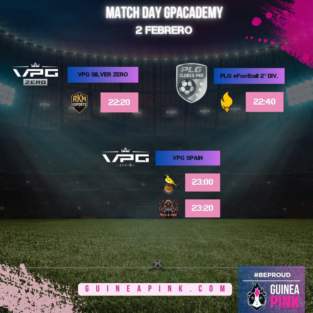 GuineaPinkClub's tweet photo. ✨MATCHDAY @PLG_Spain y @VPG_Spain✨

Hay días normales… Y luego están los lunes de #ClubesPro donde el lobby se pone serio⚽️

#GPCoronet vs @MesmerizeFIFA #LosRayos @CryZeNGaming @VexOficiaal @FC_Mayango

#GPAcademy vs @RKMeSportsFC @eSports_UDLP @Palanquista_eSp @PressXPray

#BEPROUD🏳️‍🌈
