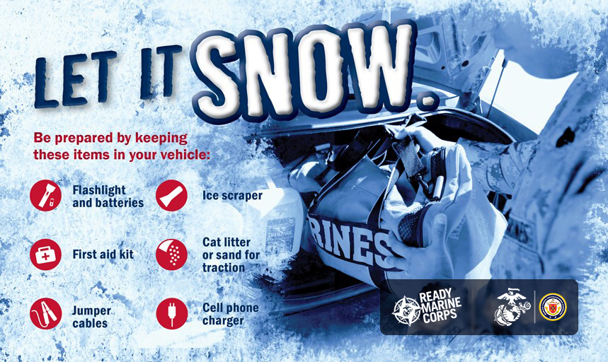 Hitting the road this winter? Make sure your car is stocked with an emergency kit in case of an accident or severe weather. Pack items like jumper cables, flares, an ice scraper, flashlights, portable chargers and batteries, blankets, non-perishable food, and water.
#ReadyUSMC https://t.co/1ihq2J80fA