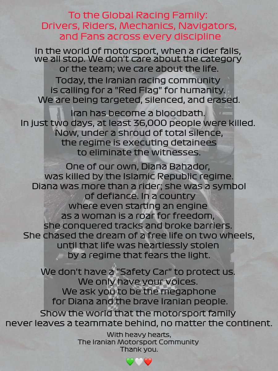 asal_esk_'s tweet photo. In Iran, women riding motorcycles was illegal, but when Diana, who loved motorcycling, was killed, they announced a few days later that women's motorcycling was legalized to make their regime look good! 
#DianaBahador
#StandWithIran 
#MotoGP 

@ln4norris
 please hear our voice https://t.co/bhyjttFXP6