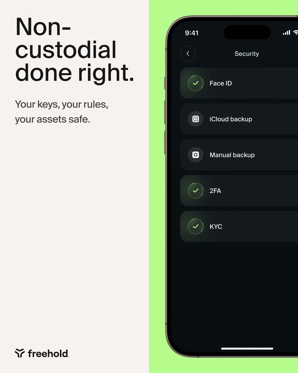 freehold_wallet's tweet image. Security isn't optional — it's everything.

- Freehold gives YOU full control: 
- Face ID for instant, biometric access
- 2FA layered protection
- Manual backup for true self-custody peace of mind
- KYC complete for identity
- iCloud backup option when you want it

Non-custodial…