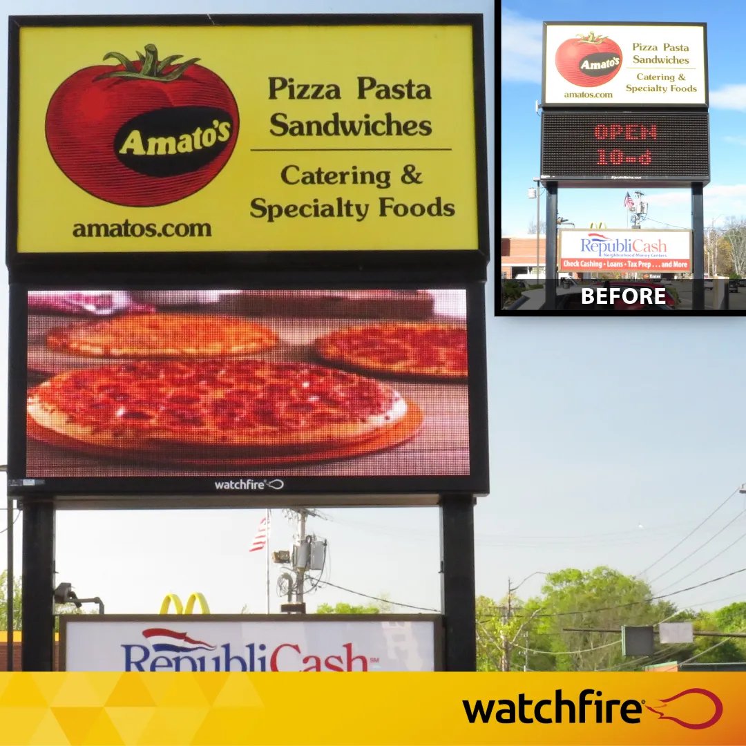 WatchfireSigns's tweet image. 𝐀𝐦𝐚𝐭𝐨’𝐬 is seeing the benefits of upgrading to an 8mm Watchfire LED sign, attracting more customers and boosting business. Great install by Bailey Sign, too!

#leddisplays #digitalsignage #advertising #increasefoottraffic