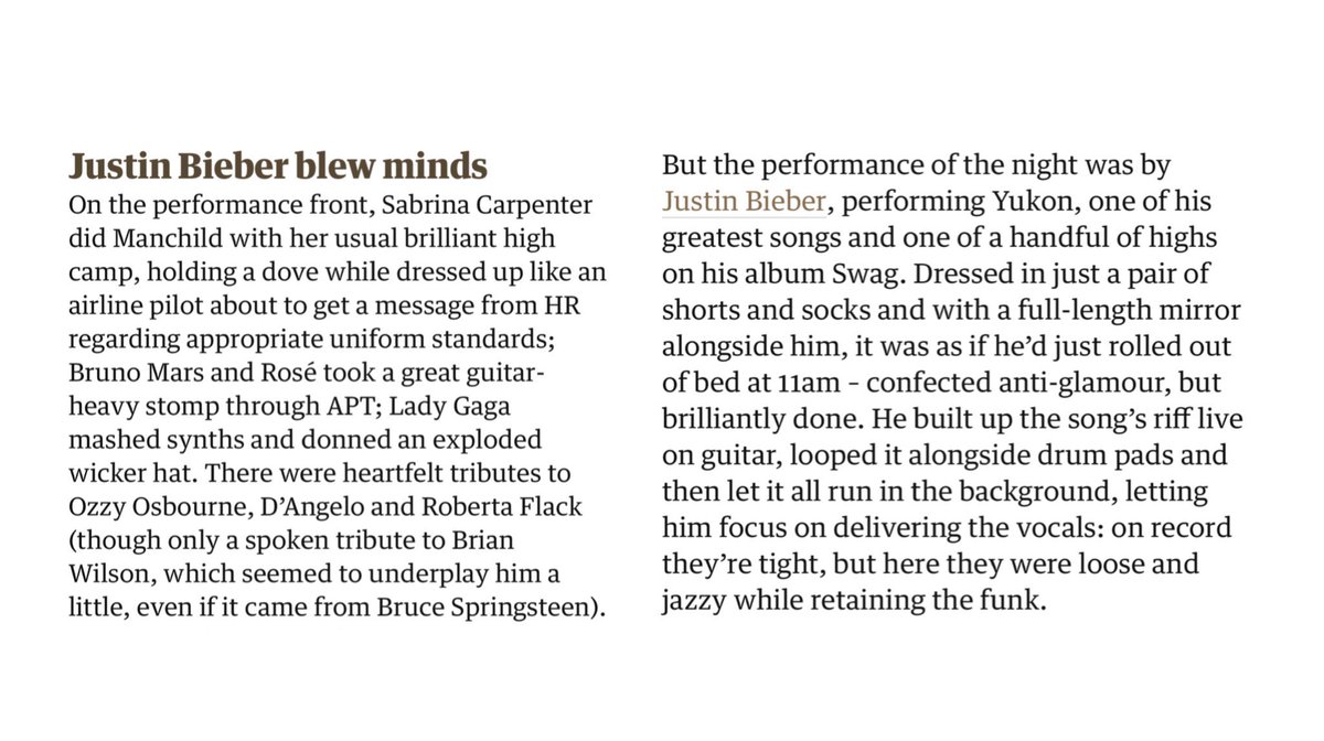 JustinsTourNews's tweet image. The Guardian ranks Justin Bieber’s #GRAMMYs performance as “the best of the night.”